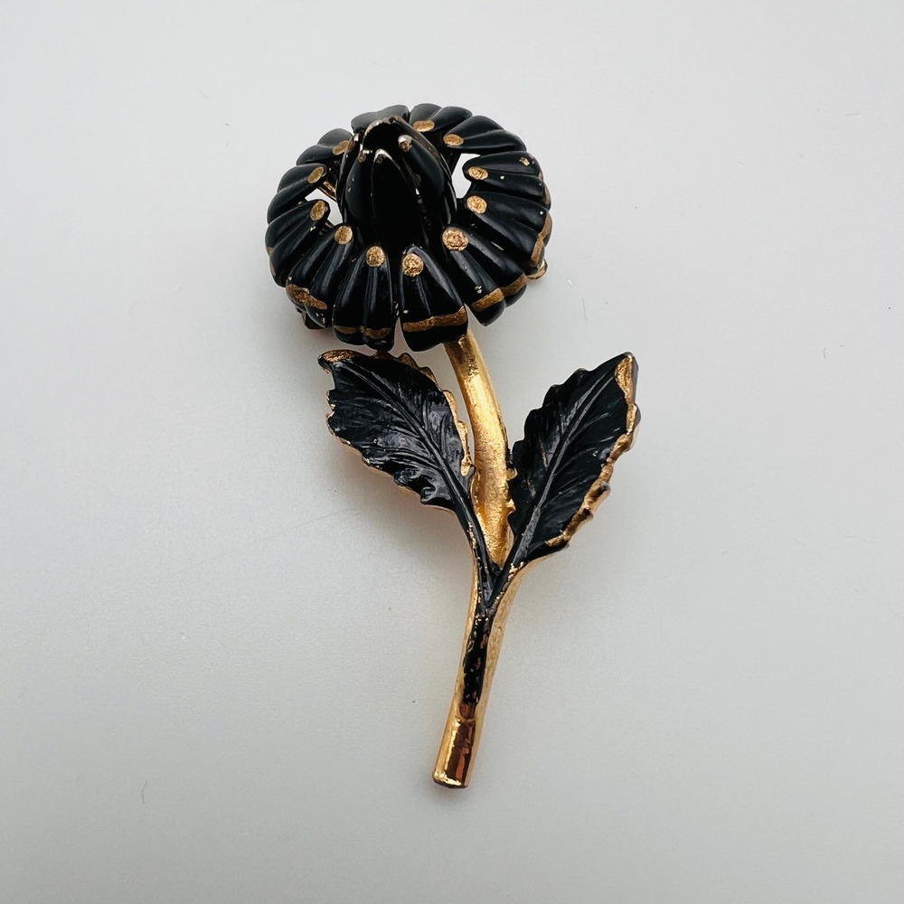 Vintage Black Enamel Flower Brooch Floral Botanical Gold Tone Pin